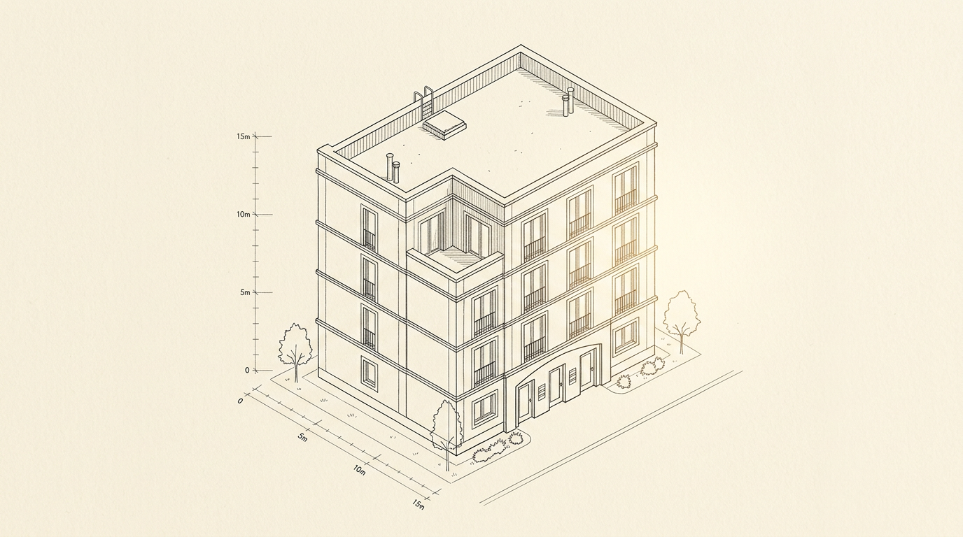 Illustration au trait d'un bâtiment en axonométrie avec une grille de relevé